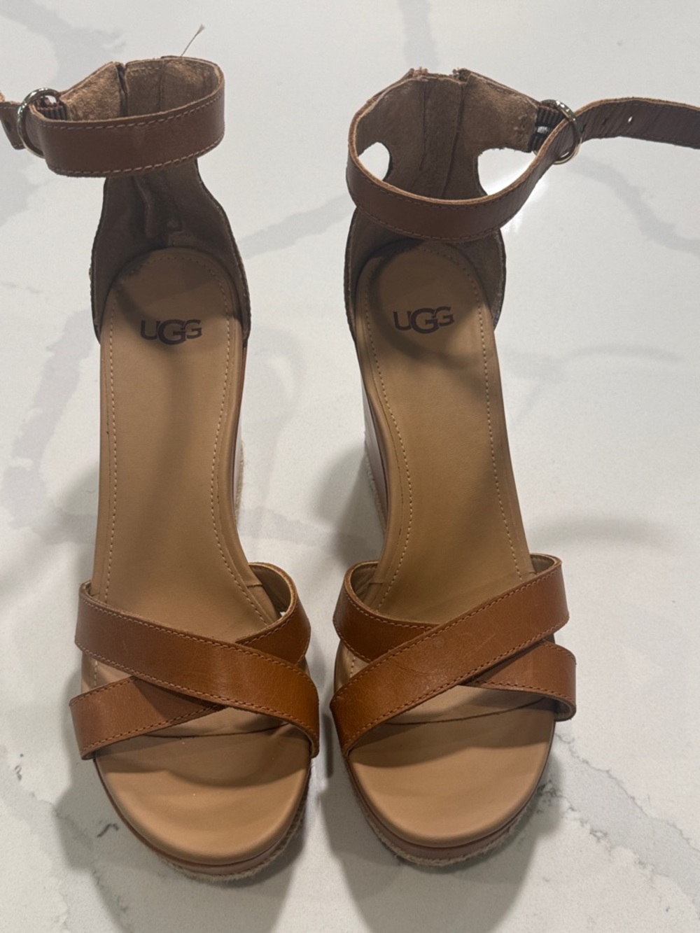 UGG Women's Brown Leather Crisscross Wedge Sandals with Ankle Strap